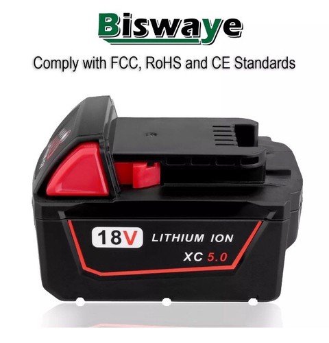 2 Pack 18V 5.0Ah Li-ion Rechargeable Battery for Milwaukee M18 M18B 48-11-1850