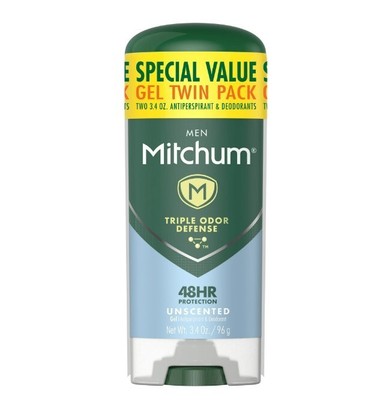 2 Pack Mitchum Men Triple Defense Antiperspirant Deodorant Gel,Unscented, 3.4 oz