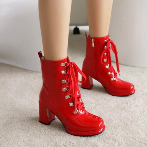 Women's Lace Up Mid-calf Boots 8cm Chinky Heel Shoes Square