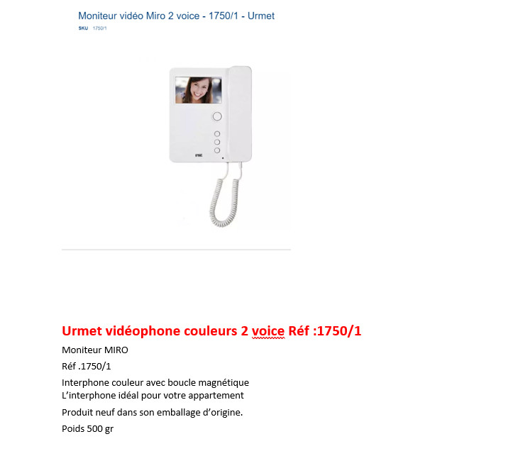 Urmet VidÃ©Ophone Couleurs Moniteur Miro  2 Voice RÃ©F : 1750/1