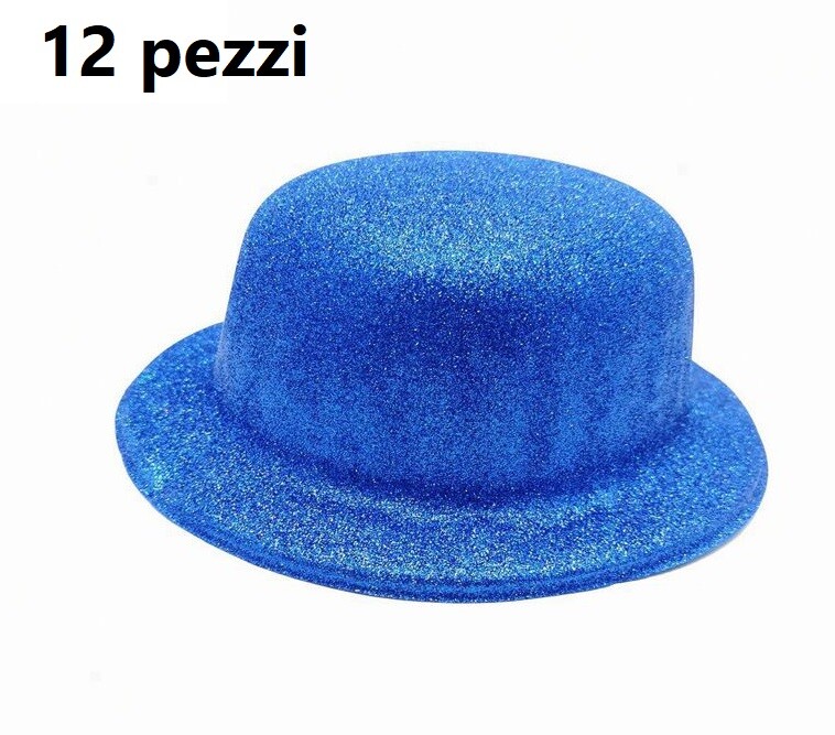 Set 12 Pezzi Cappello Bombetta Glitter Brillantini Blu Per Feste Party bal