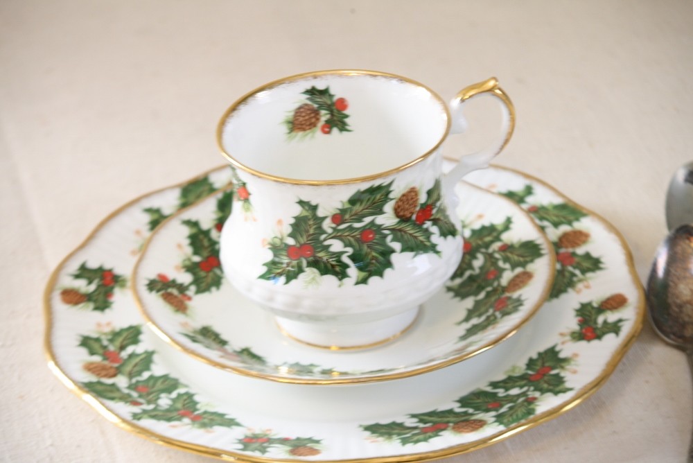 Rosina Queens Yuletide Tea Cup and Saucer Salad Plate Holly Berries Pine Cones