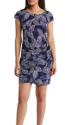 Connected Apparel Cap Sleeve Faux Wrap Side Tie Navy Paisley Sheath Size 14