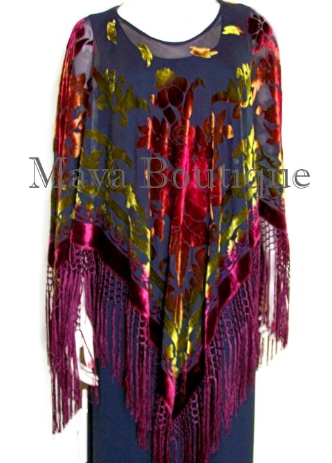 Pre-owned Maya Matazaro Tye Dye Poncho Shawl Top Silk Burnout Velvet Burgundy Multi  Usa In Red
