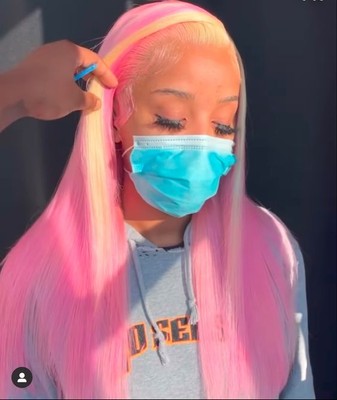 Women Long Finger Blond Pink Highlight Lace Front Heat Resistant Synthetic Wigs