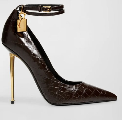 Pre-owned Tom Ford $1290  Lock 105mm Croco Ankle-strap Shoes Chocolate 9 Us/39 Eu In Brown