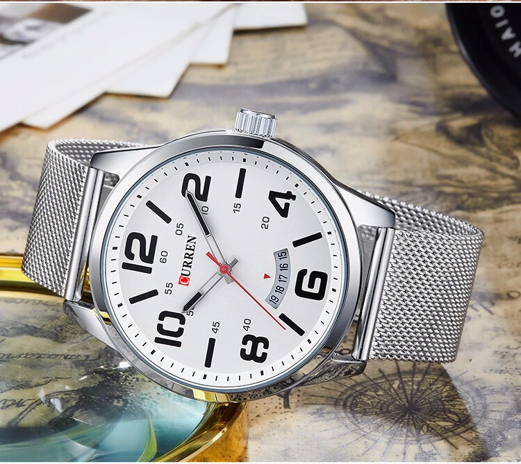 Orologio Da Polso Curren 8236 Uomo Analogico Quarzo Military Data Silver Bia lac