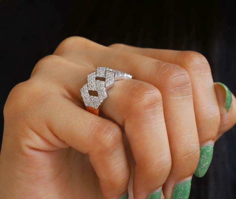 Pre-owned Online0369 1.18ct Round Cubic Zirconia Men's Cuban Link Ring Silver Yellow Gold Plated In White