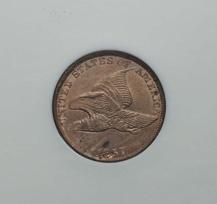 1857 FLYING EAGLE CENT, NGC MS 62, MINT ERROR, Struck on Defective Planchet