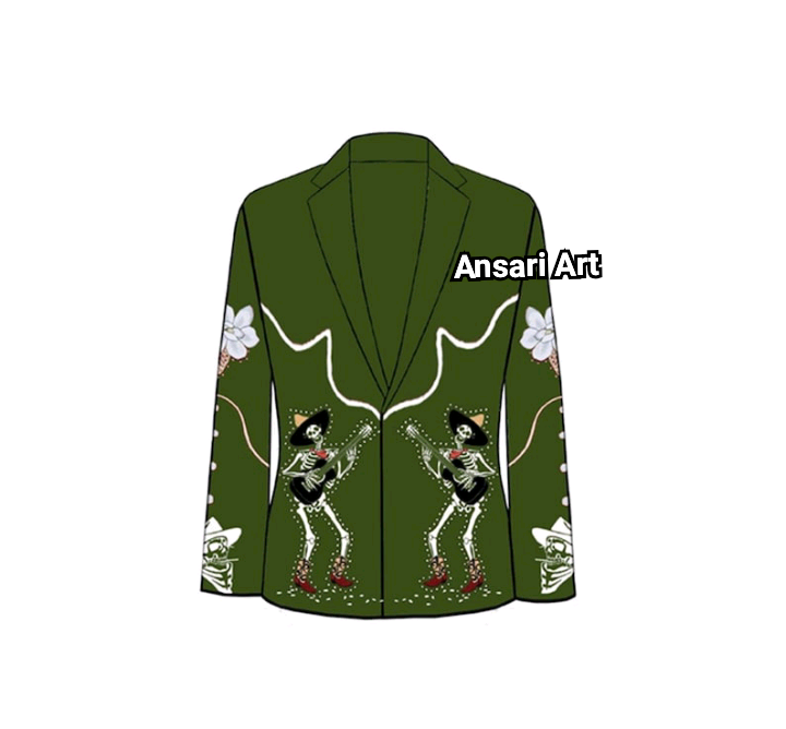 Pre-owned Art Men's Green 3pc Bespoke Floral Skeleton Embroidered Rhinestone & Piping Outfits