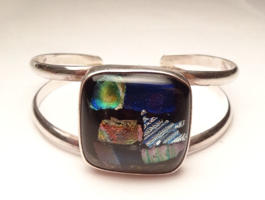 VINTAGE COLORFUL RETRO DESIGN CUFF BEAUTIFUL BRACELET STERLING SILVER 925 38g