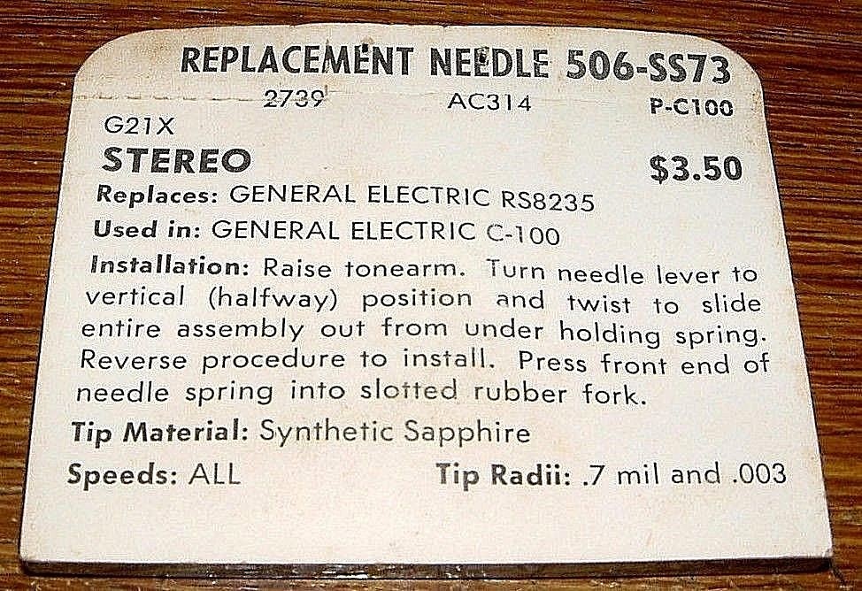 PHONOGRAPH NEEDLE 506-SS73 for G E C100 RS3825 RS3824, N357 AC314 6220 EV2739