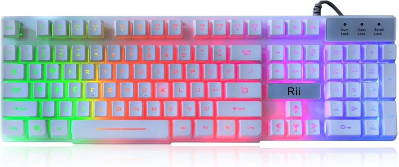Rii RK100+ White Gaming Keyboard,Usb Wired Multiple Colors Rainbow LED Backlit L