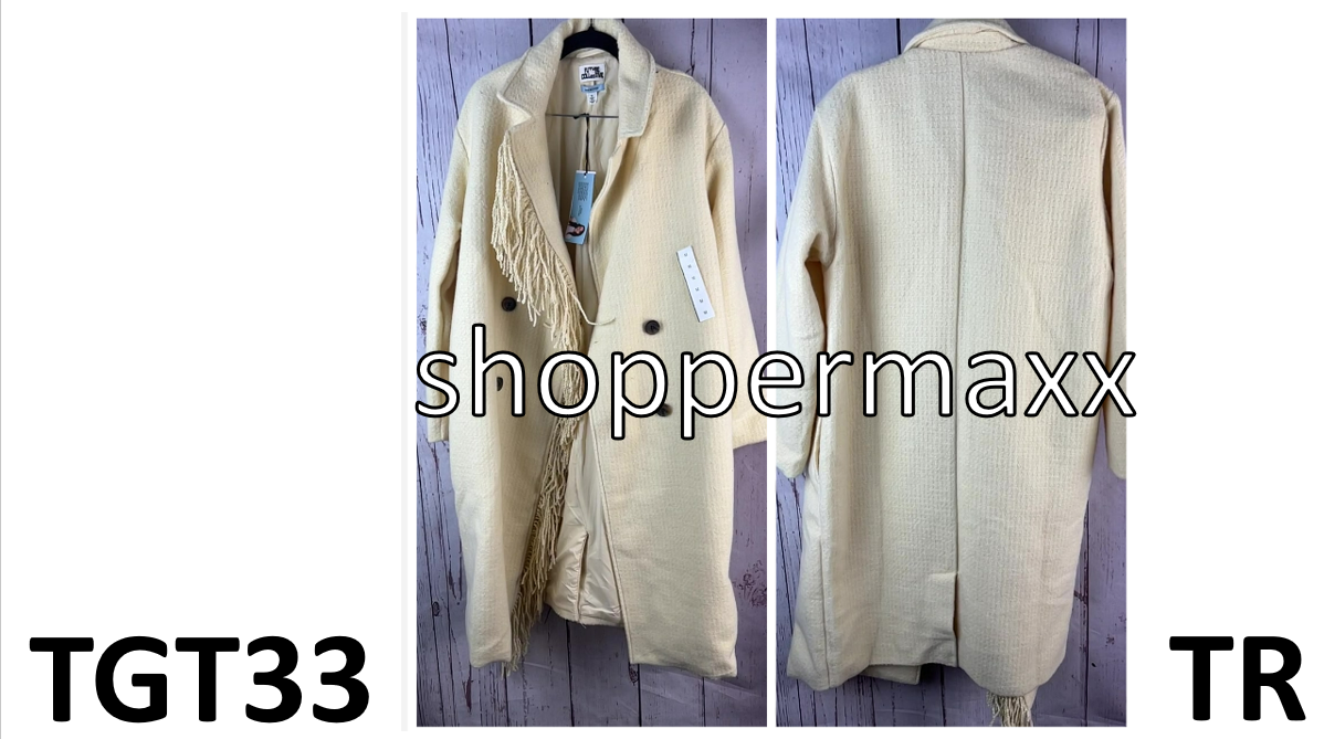 Women's Notched Lapel Double Breasted Fringe Coat - Future Collective, Cream, M