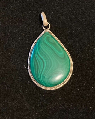 Vintage .925 Silver and Green Swirl Stone Pendant Handcrafted Large  2+''