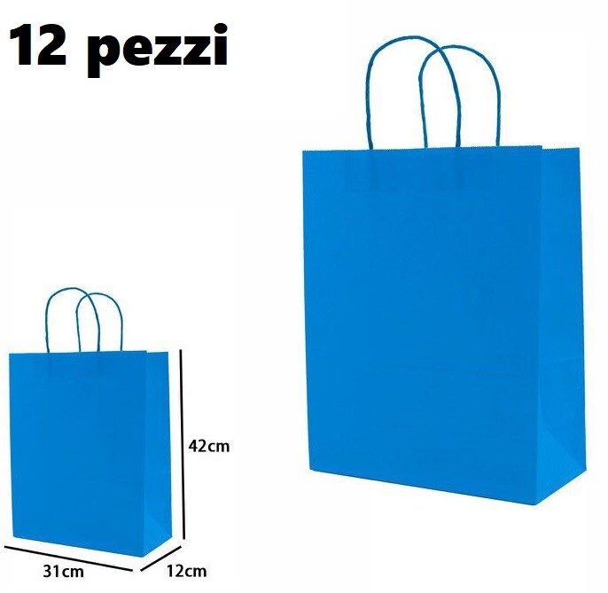 Set 12 Pezzi Buste Borsa Da Regalo Sacchetti Carta Azzurra 42x31x12cm dfh
