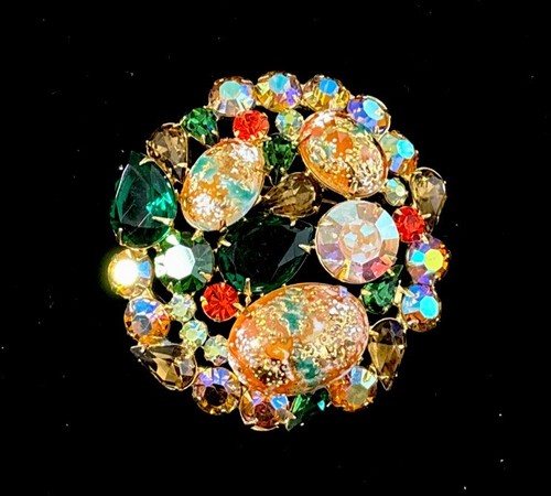#4245 JULIANA ヴィンテージブローチ　トパーズ　シトリン　ボタニカル Vtg Juliana D&E Easter egg glass rhinestone gold tone pin