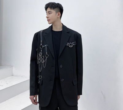 Men Fashion Punk Gothic Metal Chain Decor Black Suit Coats Youth Lapel Blazer FY
