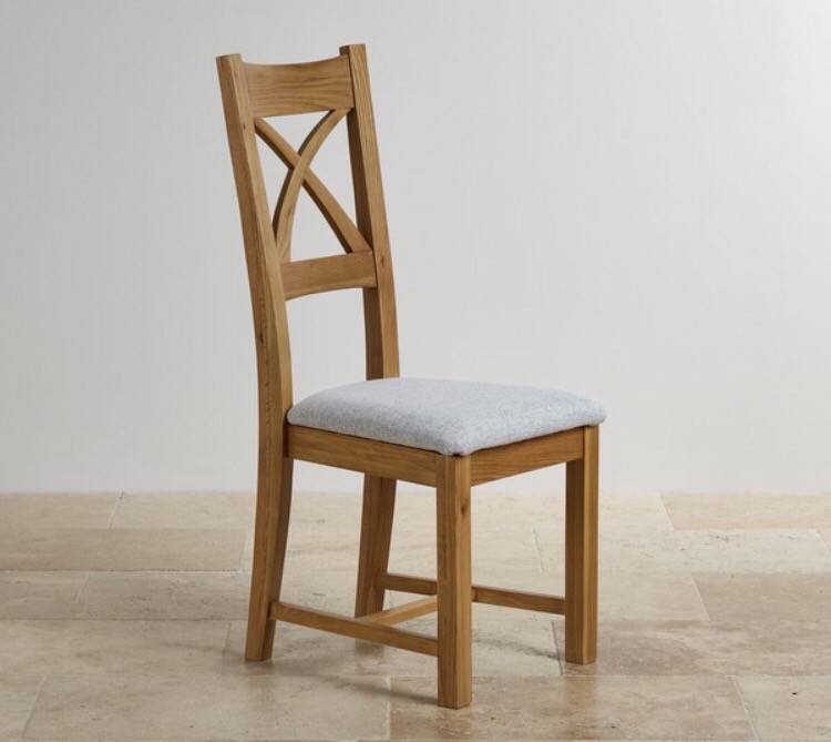 4 x Natural Solid Oak Cross Back Dining Chairs with Plain Grey Cushion