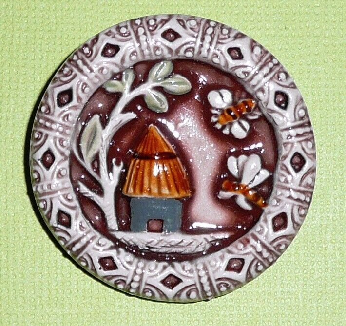 Bee & Bee Hive Large Art Stone Shank Button - 1-1/2" Ceramic Bees & Hive Button
