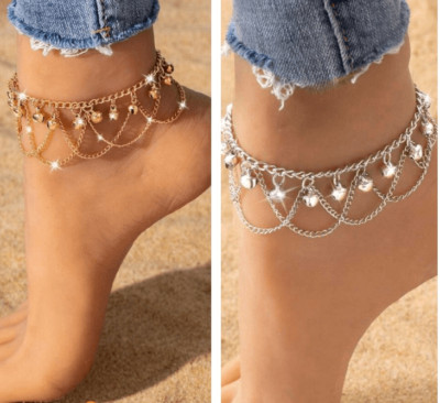 2pc Euro-american Style Metal Layered Chain & Bell Design Anklet For Women Beach