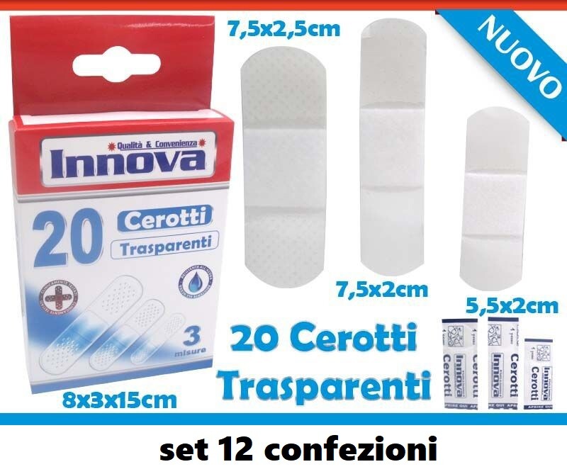 Set 12 Confezioni da 20 Cerotti Trasparenti 3 Misure Primo Soccorso Ferite hmj