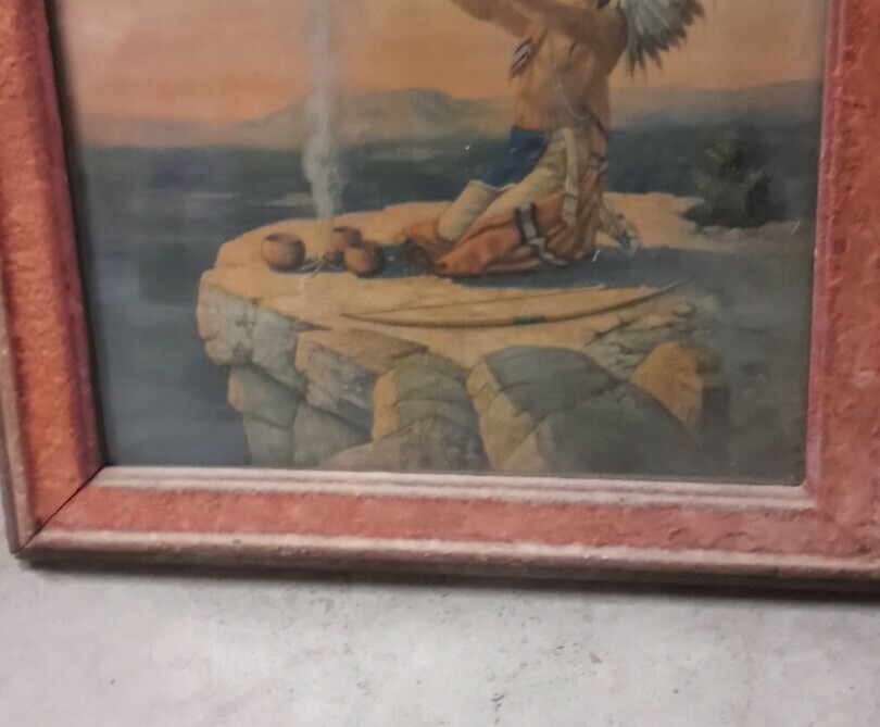 Vintage Old Native American Indian at Prayer - Southwest - Framed - 14.5
