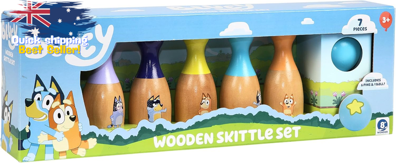 BLUEY Bowling Set, Wooden Skittles Game for Kids, Indoor/Outdoor, 6 Pins + Ball