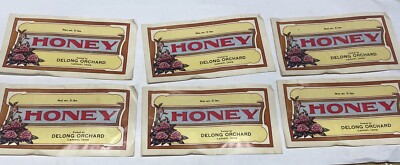 (6 pc) Vintage Unused Label Honey Delong Orchard Lamoni Iowa 8 in x 4 in