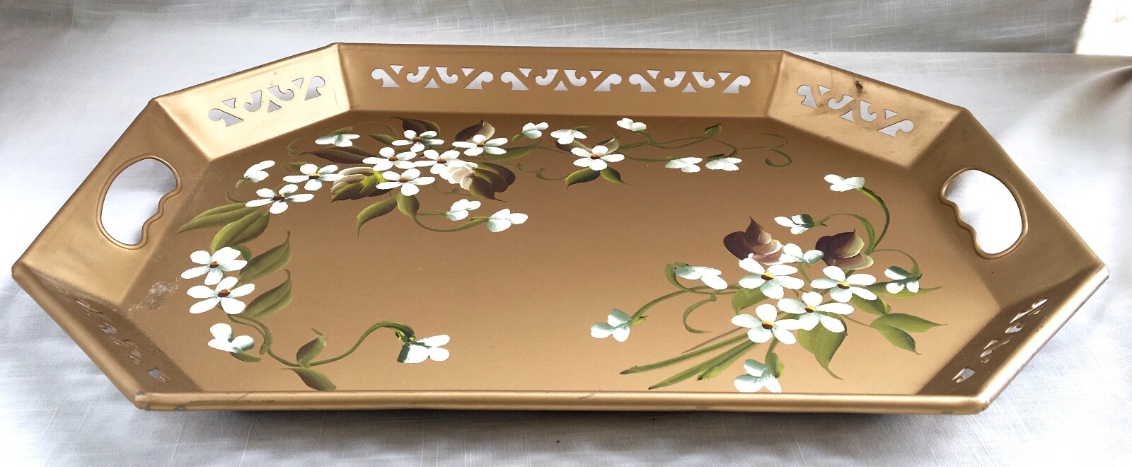 Vintage Tole Painted Hand Decorated Metal Tray - Pilgrim Art # 148 - Gold