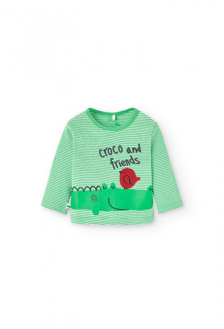 126166 Boboli Jungen Baby Longsleeve GrÃ¼N Gestreift Krokodil Neu Gr. 68 - 86