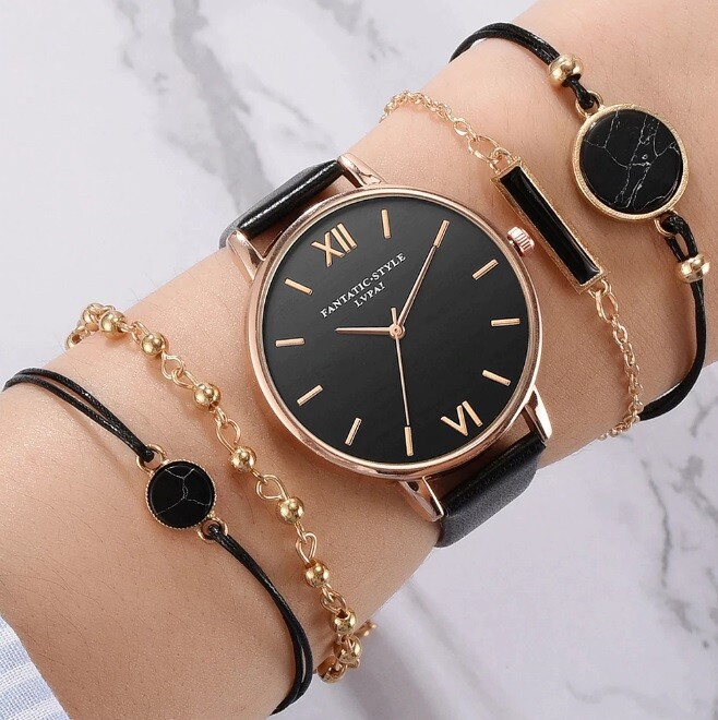 Damenuhr Armbanduhr Uhr Uhren Damen Rosegold Schwarz Gold Lederarmband 5er SET