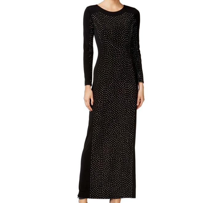 Calvin Klein New WT Exquisite BLACK, длинное платье с заклепками и стразами, размер 2