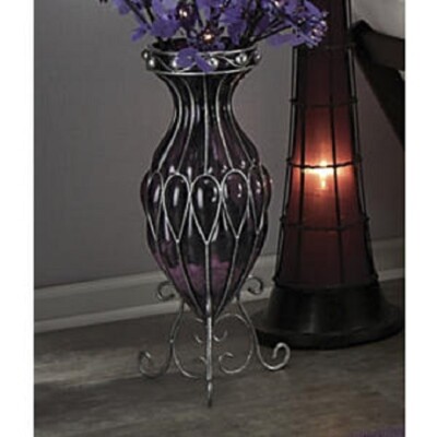 NEW LARGE 25'' CAPTURED PURPLE GLASS VASE WITH SCROLLED SILVER FRAME NEW IN BOX