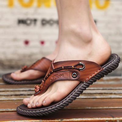 Men's Leather Flip Flops in Brown