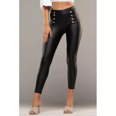 Women's PU Gold Button High Waist Legging Ladies Skinny Stretchy Leather  Pants