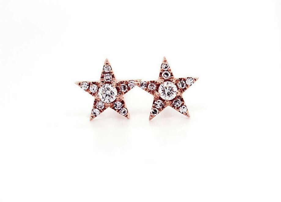 Pre-owned White Diamonds 14k Diamond Star Stud Earrings Solid Rose Gold .11ct. Pair Genuine Diamonds In White