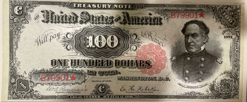 Reproduction $100 1891 Treasury Note Currency Civil War Farragut See Below