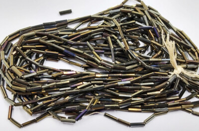 Vintage Bugle Beads Metallic Bronze Iris AB Glass Czech 20 String Hank 1/4''
