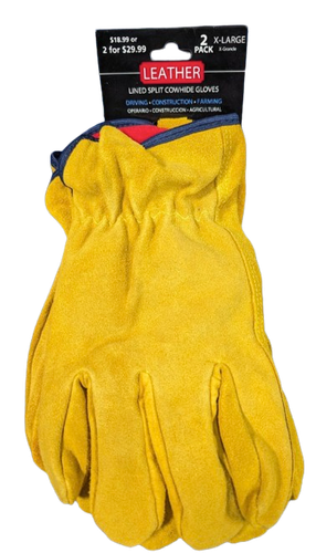 Lined 100% Split Cowhide Leather Gloves Driving, Construction, Farming XL 2 Pack