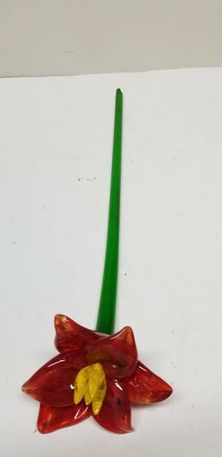 MURANO ART STYLE RED / PERSIMMON MARBLE LONG STEM GLASS FLOWER 15 3/4