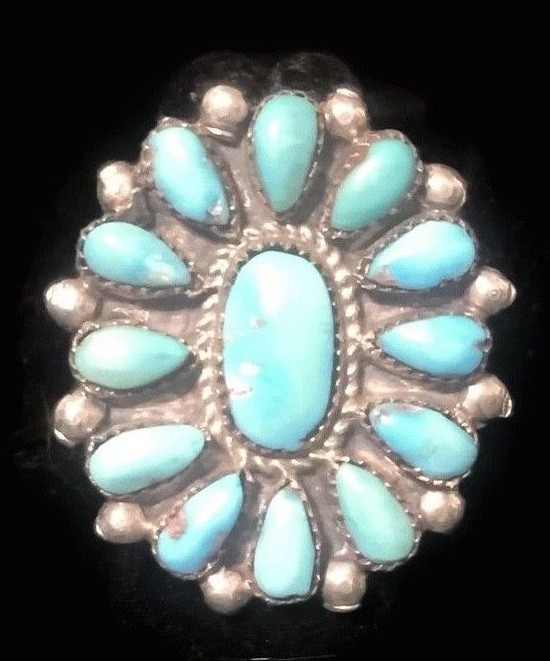 Vintage Flower Turquoise Petite Point Southwest Sterling Silver Ring Size 6.50