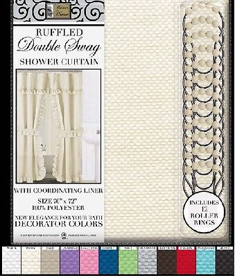 MOSAIC DOUBLE SWAG FABRIC SHOWER CURTAIN, LINER AND 12 ROLLER HOOKS
