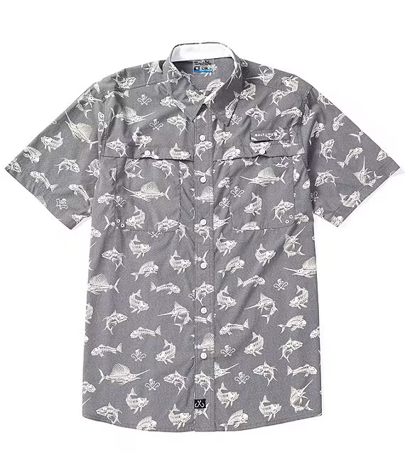 Salt Life Fish N Bones Short-Sleeve Button-Front Shirt Men's S Gray Collared - Picture 1 of 17