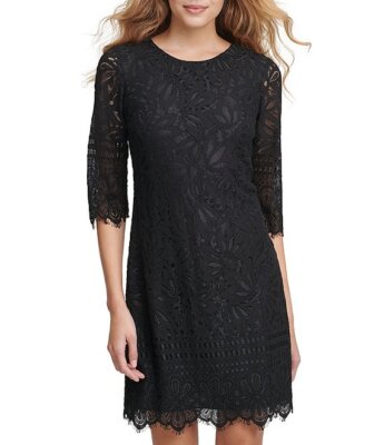 Kensie Sheath Dress Size 8 Black Lace Floral 3/4 Sleeve Scalloped Hem NWT $118