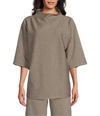 Bryn Walker Adria Top Tan Black Houndstooth Print Funnel Neck 3/4 Sleeve XS