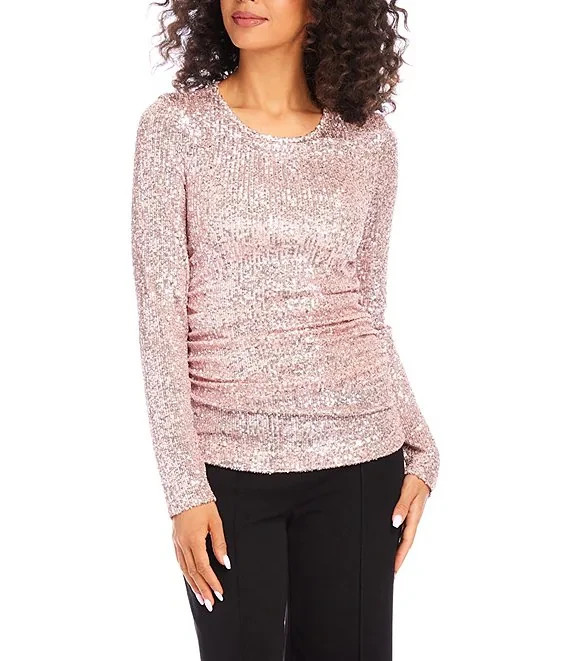 Karen Kane Side Shirred Sequin Top Women XS Pink Round Neck Long Sleeve Pullover - Picture 1 of 16