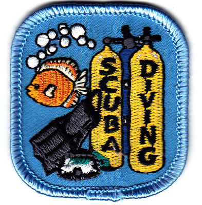 "scuba diving" w/tanks, flippers & fish iron on embroidered