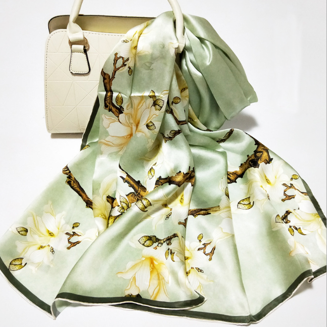 100% Silk large Satin Scarf Women neckerchief Shawl Wrap Floral green HD1-91