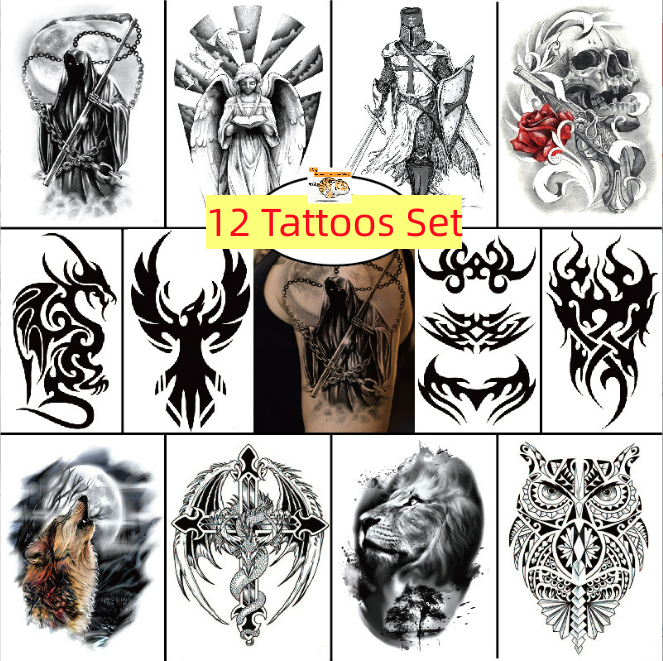 12 Sheets /Set Temporary Fake Tattoo Stickers Waterproof Eagle Wolf Arm Body Art